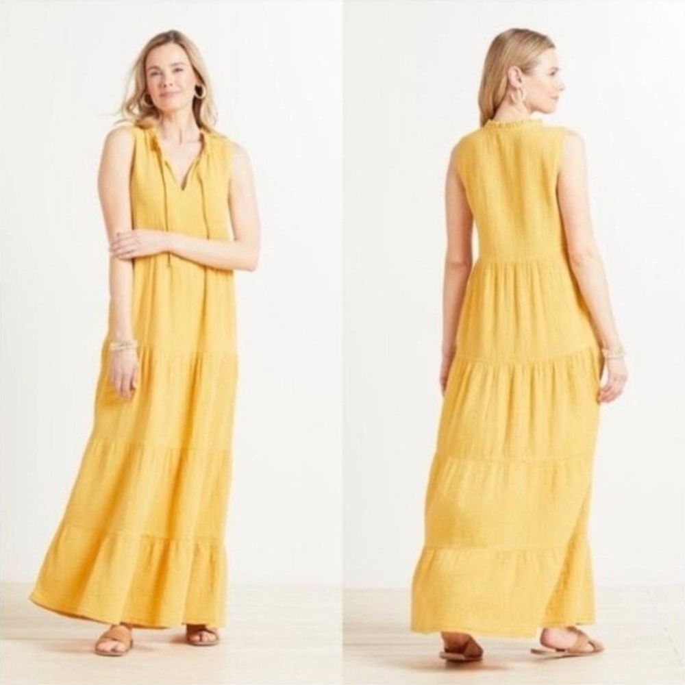 Evereve Cotton Gauze Tiered Maxi Dress Sz S Yellow Boho‎ Resort Coastal Vacation